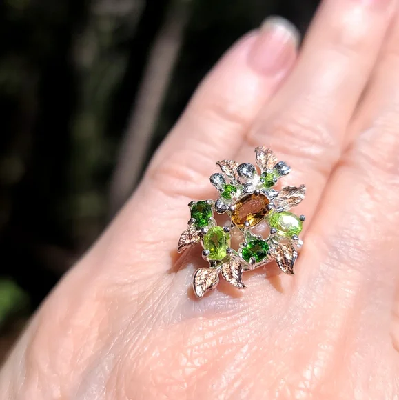Citrine Peridot & Chrome Diopside floral sterling ring sz6.5 - Picture 3 of 8